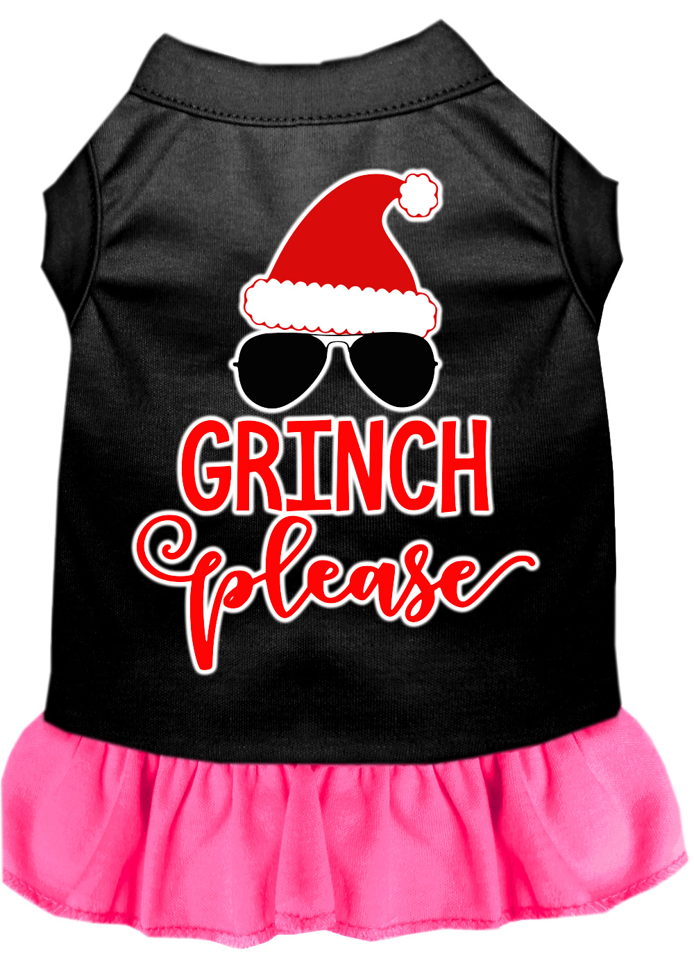 Grinch Please Screen Print Dog Dress Black with Bright Pink Sm